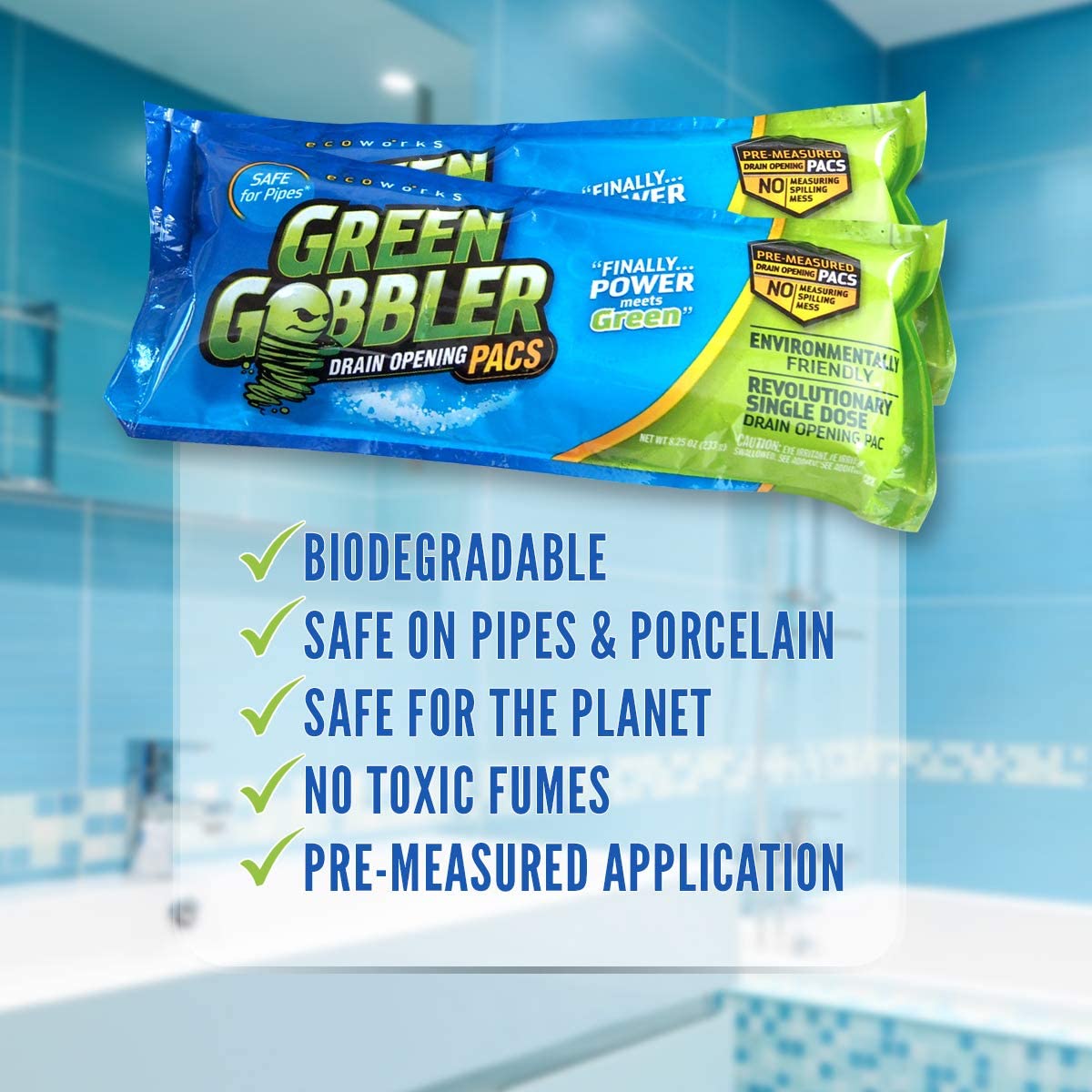  Green Gobbler Drain Clog Remover Powder PAC'S, 5 Drain Opening  Pacs & 5 Hair Drain Snake Tools