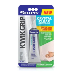 Selleys Kwik Grip Crystal Clear 50mL – strong, heat-resistant contact adhesive for a clean, invisible bond on various surfaces.