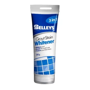 A tube of Selleys Grout Stain Whitener, a white product used to revitalise and brighten grout lines in tiled areas.