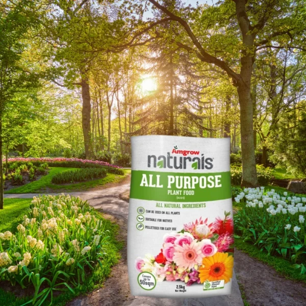 Amgrow Naturals All Purpose Plant Food 2.5kg bag featuring a vibrant floral design and eco-friendly labels for all-natural gardening.