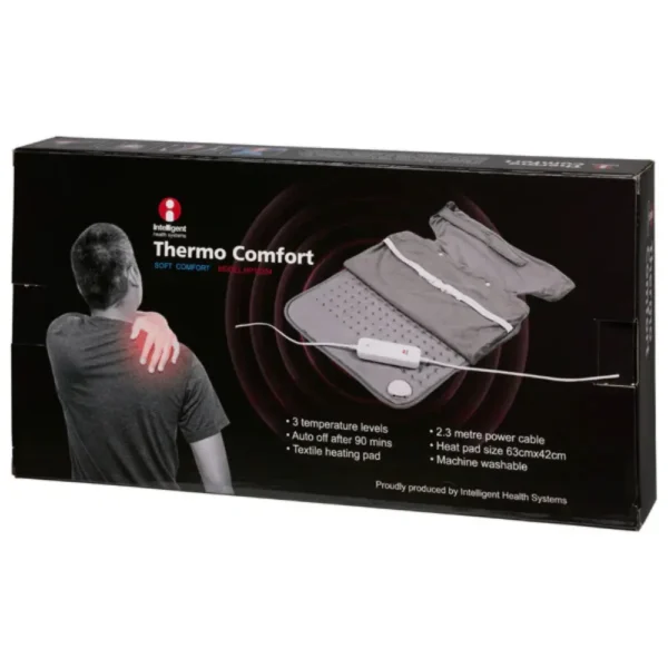 Thermo Comfort Electric Heat Pad with 3 heat settings, automatic shut-off, and soft, flexible material for targeted pain relief.