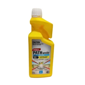 Yellow bottle of Path Weeder 1L, a concentrated solution for long-lasting weed control on pathways, driveways, and hard surfaces.