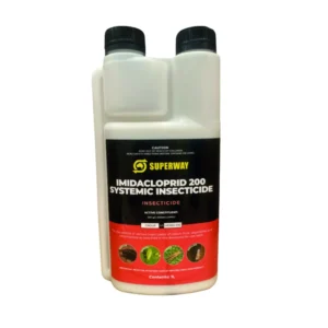 Superway Imidacloprid 200 Systemic Insecticide 1L bottle for pest control on crops, vegetables, and ornamentals.