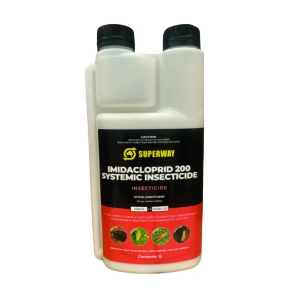 Superway Imidacloprid 200 Systemic Insecticide 1L bottle for pest control on crops, vegetables, and ornamentals.