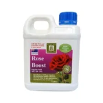 1L bottle of Rose Boost, organic fertilizer for roses, promotes vibrant blooms and healthy growth