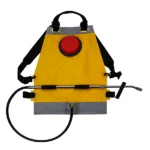 Yellow fire-fighting backpack with ergonomic straps and a jet-fog nozzle system.