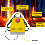 Yellow backpack sprayer with labeled components for outdoor and agricultural use.