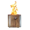 Rustic wooden gas fire pit with visible flame, suitable for outdoor heating and ambiance.