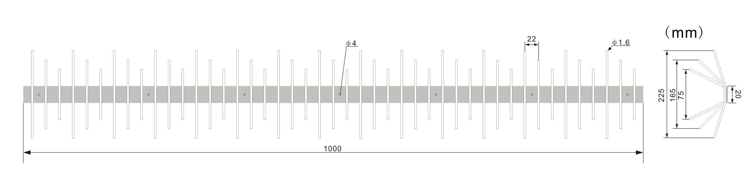 Technical drawing of black-coated bird spike with dimensions for installation and specifications.