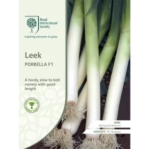 RHS Leek Porbella F1, hardy leek variety with good length and slow to bolt.