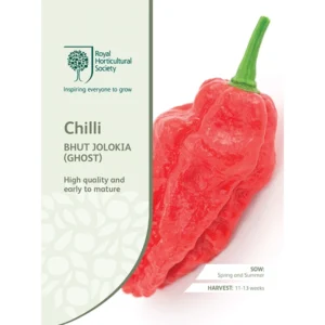 RHS Chilli Bhut Jolokia (Ghost), fiery red chilli with high heat and early maturity