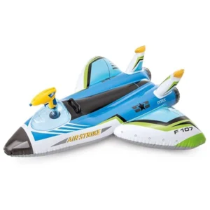 Inflatable plane ride-on with bright colors and built-in water gun, perfect for pool play