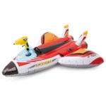 Inflatable plane ride-on in red and white with a built-in water gun, designed for pool fun