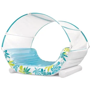 Inflatable water lounge with canopy and floral design, perfect for pool relaxation