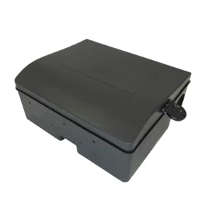 Closed black rodent bait station with a sleek design, featuring a secure locking mechanism for safe rodent control.