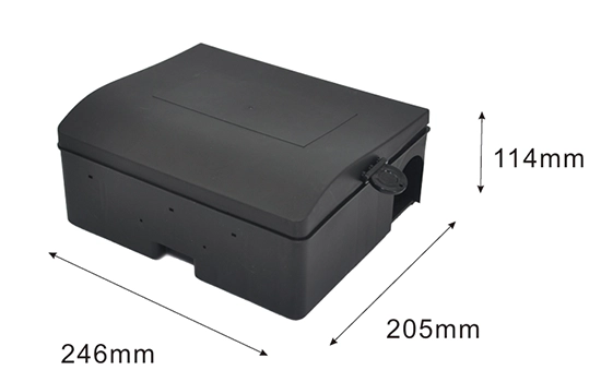 Closed rodent bait station with a secure lid, showing dimensions of 246mm length, 205mm width, and 114mm height.