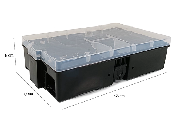 Clear rodent bait station with dimensions of 87mm height and 188mm width, featuring a secure black latch for safe bait placement.