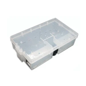 Transparent plastic bait station with a secure black latch, designed for safe and effective pest control.