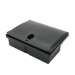 Compact black mouse bait station with a secure lid, designed for discreet and safe rodent control.