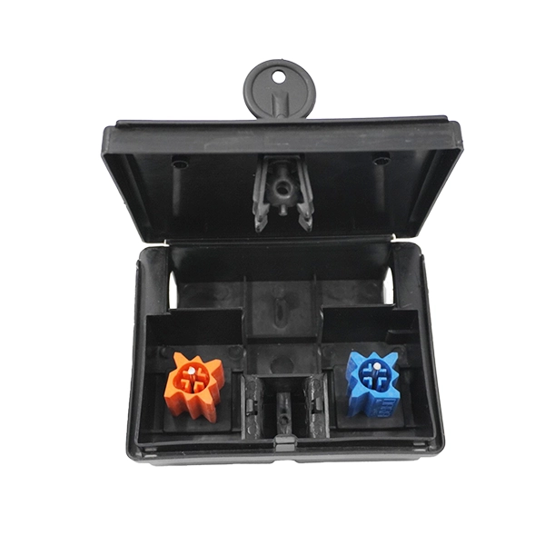 Open mouse bait station displaying orange and blue bait blocks securely placed in interior compartments.