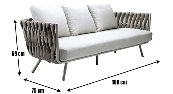 Three-seater Lido sofa with tufted sides, cushioned seating, and metal legs