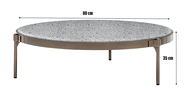 Round coffee table with a textured surface and metal legs, shown with dimensions