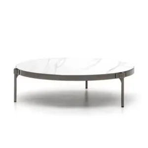 Round coffee table with a marble top and sleek metal legs.