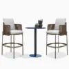 Solenne Disc Base Bar Table paired with two outdoor bar stools