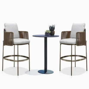 Solenne Disc Base Bar Table paired with two outdoor bar stools