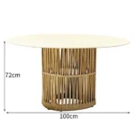 Round wooden dining table with a woven slatted base and smooth tabletop.