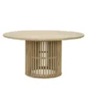 Round wooden dining table with a slatted base and smooth tabletop, ideal for indoor or outdoor use