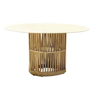 Round wooden dining table with a woven slatted base and smooth tabletop