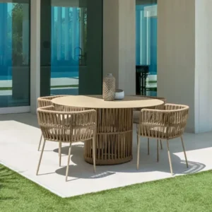 Outdoor round dining set with a wooden table and woven chairs