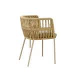 Outdoor woven armchair with a natural wood finish and sleek design