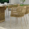 Set of outdoor woven dining chairs with natural wood finish