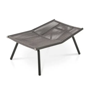 Modern outdoor woven foot stool in black with sleek design and sturdy metal legs