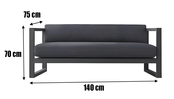 Dimensions of Notte Outdoor Love Seat with black metal frame.