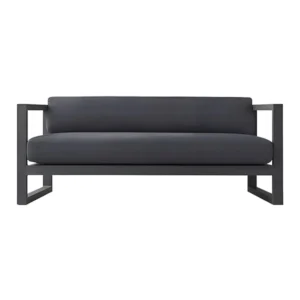 Notte Outdoor Love Seat Sleek black outdoor love seat with modern armrests and metal frame