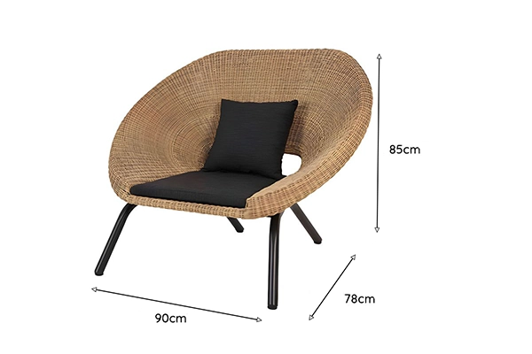 Dimensions of Elysium Rattan Outdoor Armchair with natural woven design and black cushion.