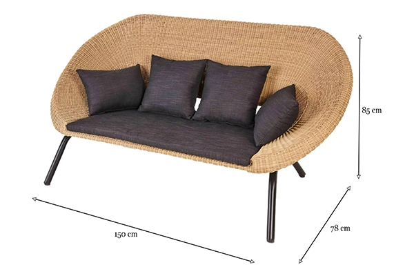 Dimensions of Elysium Rattan Outdoor Sofa with natural woven design and black cushions.