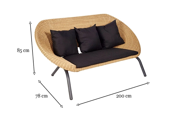 Spacious Elysium Rattan Outdoor Three-Seater Sofa with natural rattan frame and black cushions.