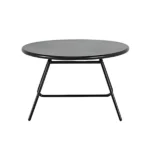 Minimalist round black metal outdoor coffee table with tripod-style legs.