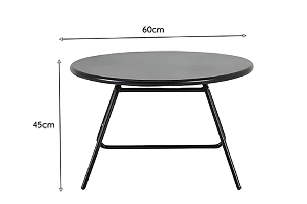 Compact round black metal outdoor coffee table with sleek tripod legs, 60cm diameter, 45cm height.