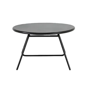 Minimalist round black metal outdoor coffee table with tripod-style legs.