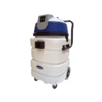 industrial vacuum cleaner side view, showcasing its ergonomic handle and durable wheels for easy mobility.