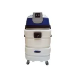 industrial vacuum cleaner with a robust design, featuring a large white tank and blue control panel for heavy-duty cleaning.