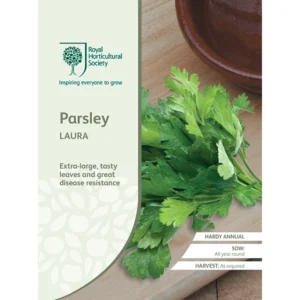 RHS Parsley Laura seed packet featuring lush, vibrant parsley leaves known for their extra-large size, rich flavor, and disease resistance.