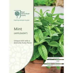 RHS Mint (Apple Mint) seed packet featuring lush green leaves with a unique fruity flavor, ideal for culinary and herbal use.