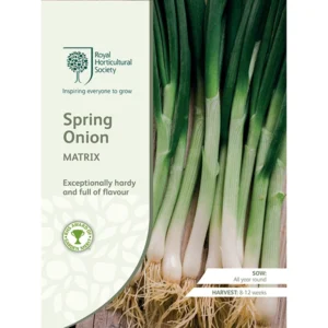 Packet of RHS Spring Onion Matrix seeds featuring a hardy and flavorful variety ideal for year-round growth.