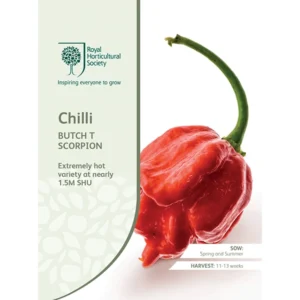 Packet of RHS Chilli Butch T Scorpion seeds showcasing one of the world's hottest chillies with a fiery red appearance.